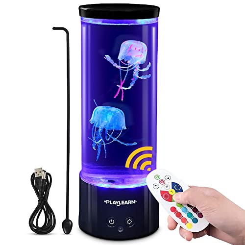 Playlearn Jellyfish Mood Light - Color Changing LED USB Electric Light for Kids or Adults - Ocean Decor - Mini Aquarium Tube Tank for Table, Desk - 11 Inch