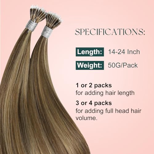 Image of Easyouth 22 Inch Nano Bead Human Hair extensions Highlight, 50G 50S, Medium Brown Highlight Caramel Blonde, Ombre Nano Tip Hair Extension Real Human Hair Lightweight, for Long Straight Hair