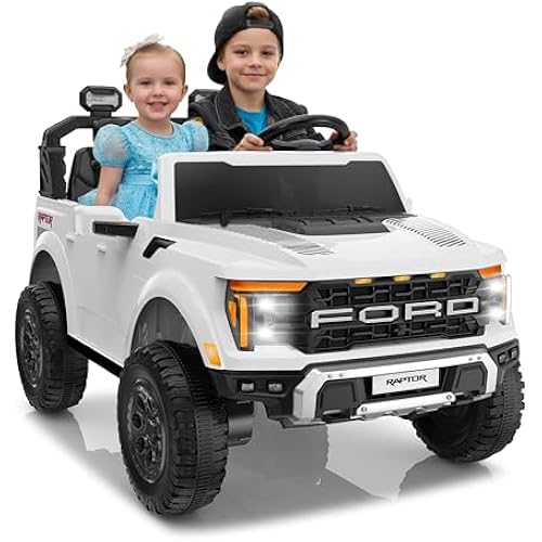 Licensed Ford F-150 Raptor 24V Ride On Truck for Kids, 2 Seater Electric Car, Dual 90W Motors, Parent Remote Control, LED Lights, Bluetooth Music, Truck Bed Storage, White