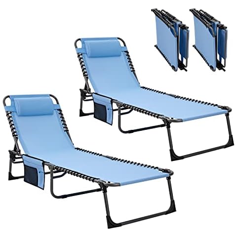 #WEJOY Outdoor Chaise Lounge Chair 4-Position Adjustable Beach Lounge Chair with Pillow and 3 in 1 Side Pocket Portable Lounge Chair for Beach,Sunbathing,Backyard,Pool,Camp,Patio (Lightblue, 2 Pack) Cover