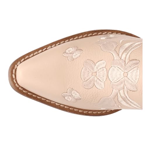 Dingo Womens Sweetheart Floral Embroidered Snip Toe Pull On Casual Boots Ankle Mid Heel 2-3" - Beige4