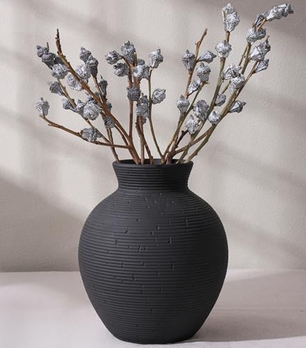 Ceramic Flower Vase Home Decor 7.4 in Farmhouse Table Vases Retro Vintage Living Room Kitchen Bedroom Decoration Pottery Decorative Vases for Flowers House Shelf Office Desk Dining Entryway Black