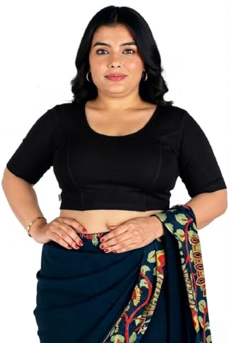 Image of Abhi Cotton Readymade Saree Blouse for Women- Half Sleeves, U-Neck, Regular-fit, Stretchable, Pull-on Style