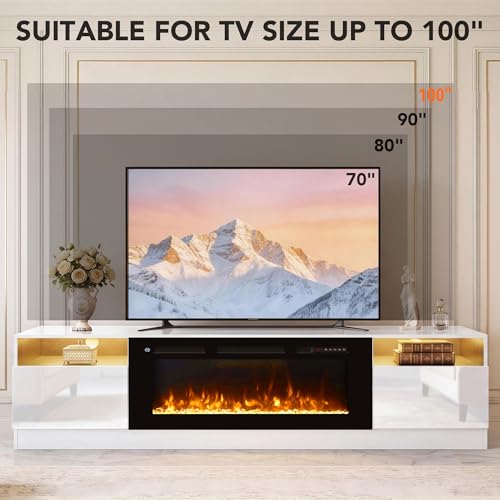Image of MXV 90 inch Fireplace TV Stand for TVs Up to 100 inch, LED Light Entertainment Center with 50 inch Electric Fireplace, Modern Wood Texture TV Media Console with Highlight Storage Cabinet, White+Black