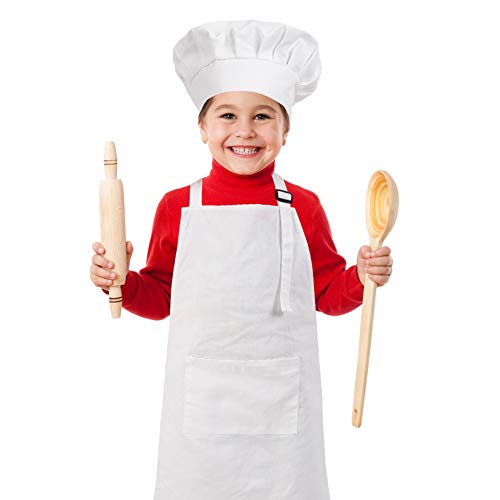 Crjhns Kids Apron And Chef Hat Set, Adjustable Cotton Child Aprons With Large Pocket White Girls Boys Kitchen Bib Aprons For Cooking Baking Painting #TOP1