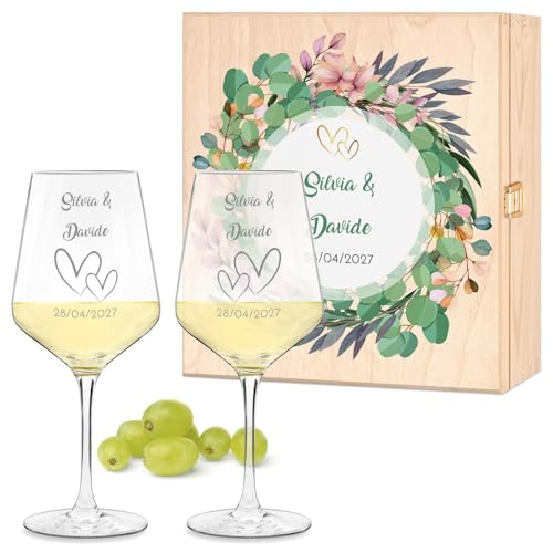 Maverton Calici Vino x2 Personalizzati - Bicchieri Vino Rosso o Vino Bianco 490 ml - Incisi per Lei e Lui - Scatola Legno Personalizzata - Regalo per Sposi e Coppia - Regali Personalizzati
