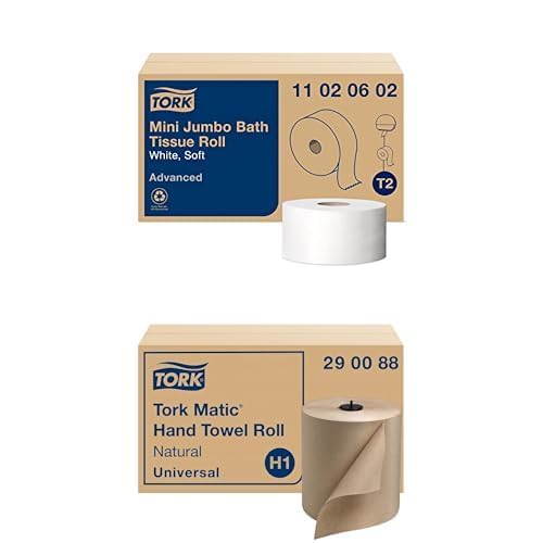 Tork Mini Jumbo Toilet Paper Towels Advanced Soft Quality, Compatible T2 Tork Dispenser, 12 rolls x 1075, 2-Ply, White+ Matic Paper Hand Towel Roll Natural H1, Universal, Recycled Fiber, 6 x 700 ft