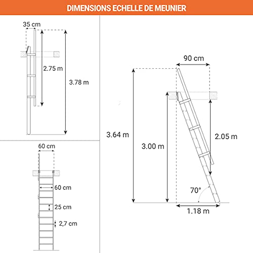 Echelle de meunier : 55cm de Large - Couleur : Bois Naturel - 1 Rampe - MSP/BN