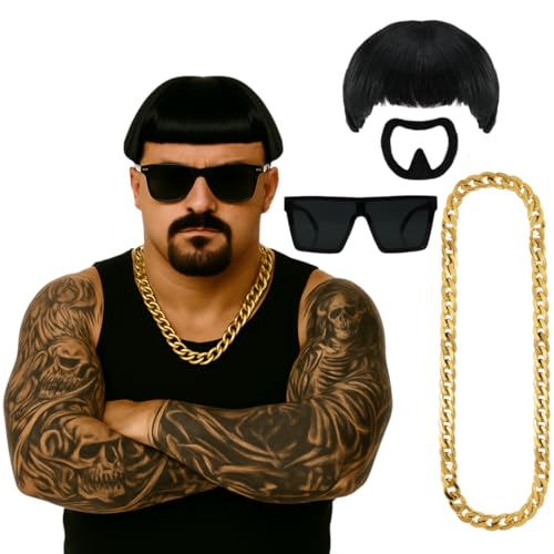 Adults Ibiza Final Boss Costume Accessory Set – Bowl Cut Wig, Goatee Stick On, Gold Chain With Black Oversized Glasses – Funny Fancy Dress Costume Kit for Festivals & Parties