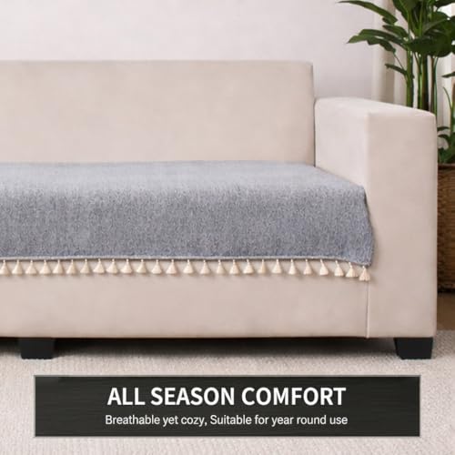 Image of STITCHNEST Grey Chenille Sofa Cover 70x30 Inch - Soft, Durable & Textured Fabric with Tassels | Sofa for Living Room, Bedroom, or Drawing Room