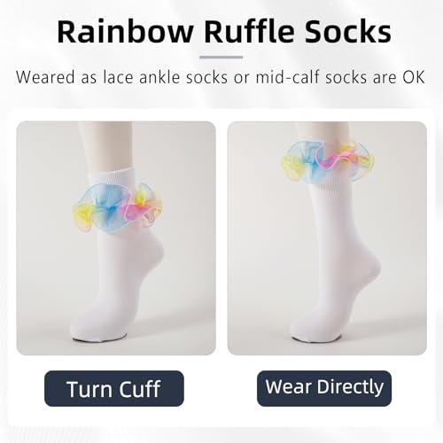 Image of Women Big Ruffle Ankle Socks Adult Double Lace Frilly Turn Cuff Dress Socks Cotton Cute Fancy Bobby Crew Socks