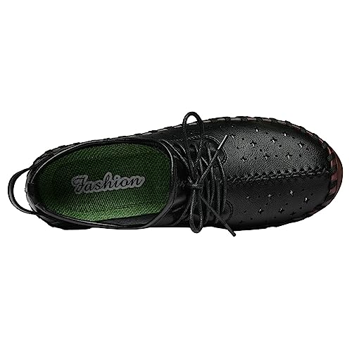 Image of Women'S Hollow Leather Lace Up Flat Loafers,Lightweight Breathable Casual Comfort Non-Slip Walking Shoes Handmade Beef Tendon Soft Sole Mom Nurse Shoes