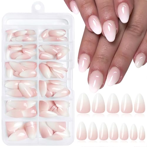Loveourhome 144pc Ombre Press on Nails Almond Fake Nail Short Glue on Nails Ombre Nude Press on Nails Short Stiletto False Nail Artificial Fingernail Stick Nails with Adhesive Tabs