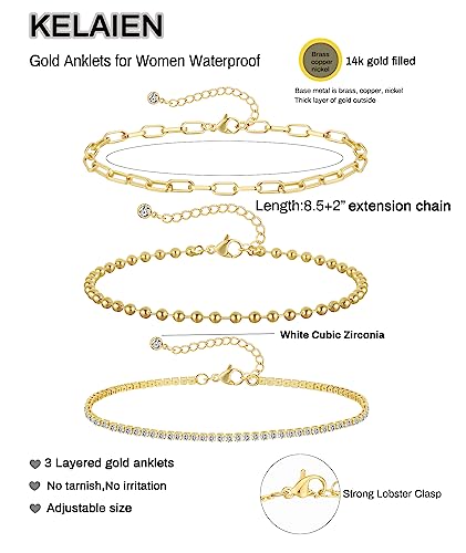 Kelaien Ankle Bracelets For Women 14K Gold Anklet For Women Waterproof Layered Cuban Link Pearl Tennis Anklet For Teen Dainty Heart Beaded Chain Anklets Set Summer Beach Foot Chain Jewelry Gift #TOP3