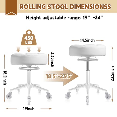 Image of Gold Rolling Stool Heavy Duty - 360Height Adjustable, Super Soft Thick Seat Cushion, Smooth Silent Rolling, Durable Rolling Stool Chair with Wheels for Salon Vanity Massage Medical, 450LBS (White 2)