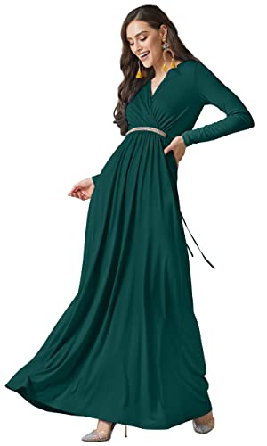 KOH KOH Womens Long Sleeve Sleeves Kaftan V-Neck Flowy Formal Wedding Guest Fall Winter Evening Day Empire Waist Abaya Muslim Gown Gowns Maxi Dress Dresses, Emerald Green L 12-14