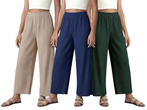 Image of Set of Combo Trouser and Pants for Girls and Women's Relaxed Fit Stretchable Regular Fit Palazzos Lightweight Elastic Waistband Bottoms for Daliy Office & Casual Wear