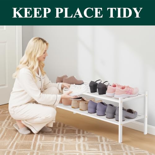 Image of Smiry Bamboo Shoe Rack, 5 Horizontal Slats, 2 Tier - 33.9 inch Wide, White