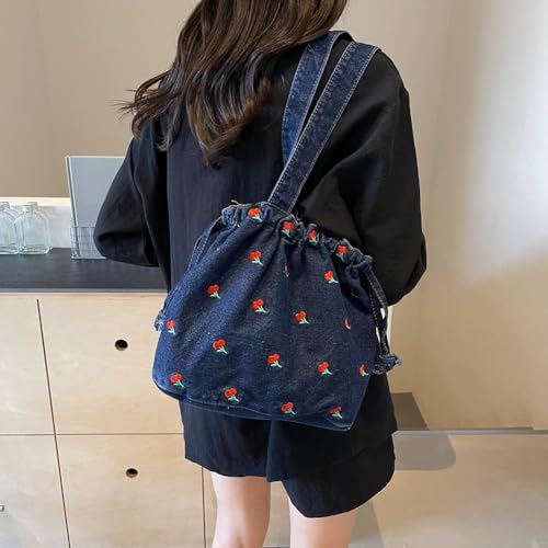 Women Denim Shoulder Bag Embroidered Cherry Underarm Bag Drawstring Handbag Jean Commuting Shopping Bag4