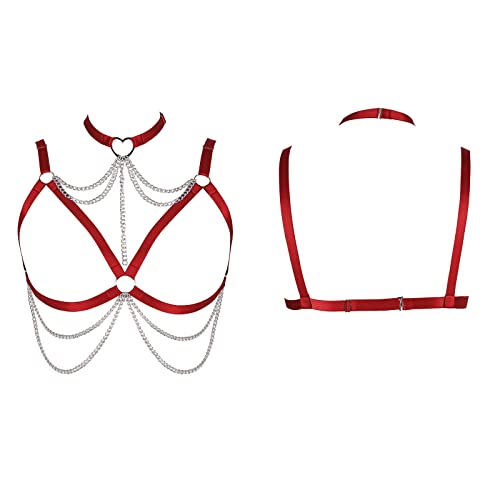 BBOHSS Damen Body Harness BH Plus Size Hollow Punk Metallkette BH Gothic Karneval Weihnachten Halloween Party Tanzkostüm, weinrot, 90