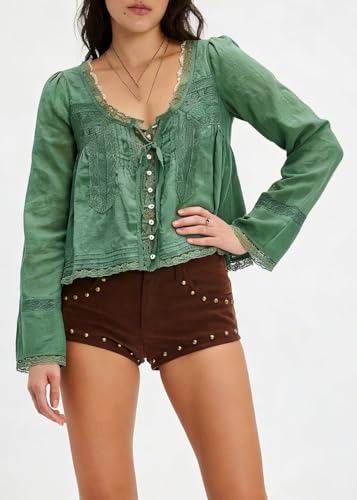 Image of Women Summer Sheer Tie Front Top Y2k Peplum Chiffon Blouse Eyelet Long Sleeve Flowy Lace Beach Cover Up Boho Tops