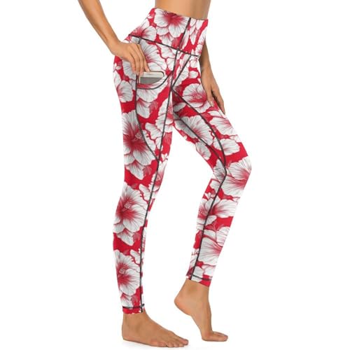 Pantalon de yoga avec poches pour femme legging sport imprimé floral rouge blanc
