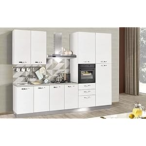 Keuken compleet met huishoudelijke apparaten (oven, gootsteen, afzuigkap) lineair design – witte larikslook – afmetingen: 300 x 60 x 240 – wastafel links