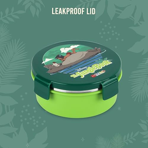 Image of CELLO Kidzbee Pluto Jungle Book Insulated Kids Lunch Box, Green | Silicone Food-Grade Seal Lid | 3D Touch & Feel Designs Tiffin | Leak Proof & Secure 4 Sided Click Locks | Ideal for School & Picnic
