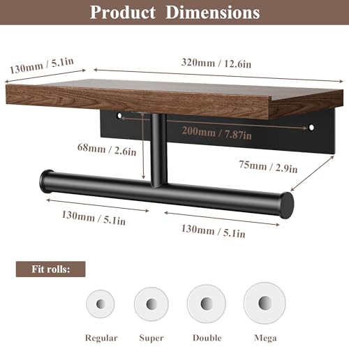 Image of Tindbea Double Toilet Paper Holder with Wood Shelf, Wooden Wall Mount Toilet Paper Roll Holder, Matte Black Stainless Steel Bathroom Toilet Tissue Holder (Walnut)