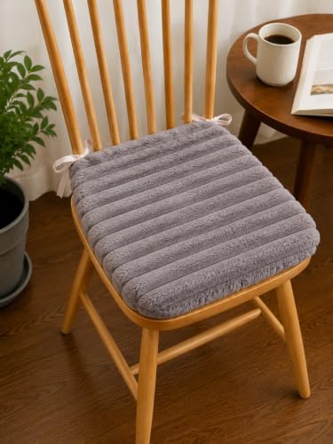 Image of COZY FURNISH Grey Solid Fluffy Chair Seat Cushions with Ties, 16x16 Inch Faux Fur Dining Chair Pads with Foam Filling, Pack of 2