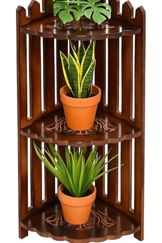 Wooden Corner Plant Stand, 3-Tier Indoor Display Shelf, Walnut Brown, Space-Saving Plant Rack for Living Room, Balcony & Bedroom - Image 2