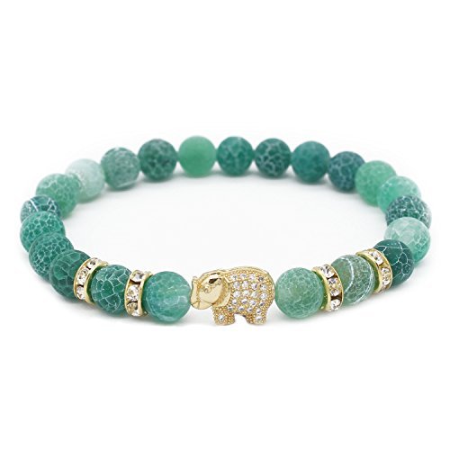 8mm Natural Lava Stone CZ Gold Elephant Bracelet Yoga Balancing Reiki Healing Jewelry, 7.5" Green