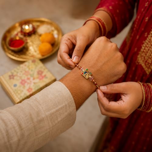 Image of Giftana Rakhi Gift Set for Brother, Designer Rakhi with Personalized Tumbler, Brownie Brittle, Roli Chawal Set for Raksha Bandhan Gift for Brother, Bhai, Bamboo Tumbler 450ml