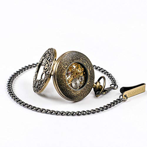 Reloj de bolsillo mecánico steampunk vintage con esfera esqueleto negra 5
