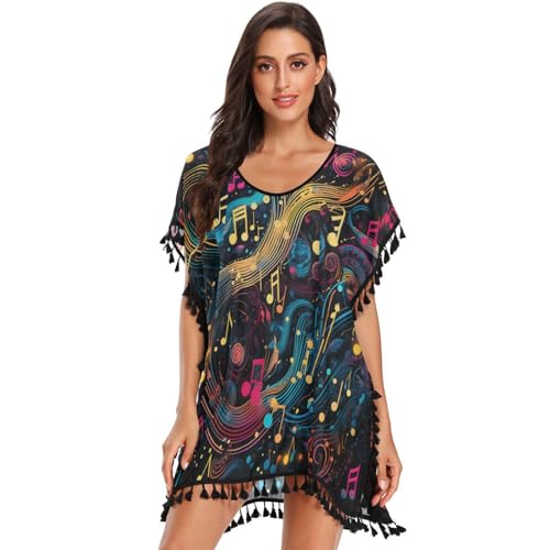 Abstract Art Music Notes Women's Beach Cover Up Chiffon Tassel Swimwear Swimsuit Coverups for Girl