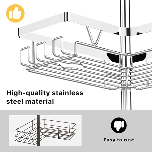 Image of KEGII Corner Shower Caddy Tension Pole - Chrome 4-Tier Adjustable Shower Tension Rod Organizer with Hooks & Soap Holders, 25-114.2 Inch Stainless Steel Shower Storage Rack for Renters & Family