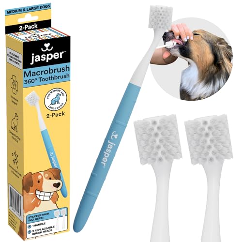 Jasper Macrobrush 360º, Dog Toothbrush for Medium to Large Dogs, Soft-Bristled Dog Tooth Brushing Kit - Premium Non-Slip Handle with 2 Replaceable Tooth Brush Heads, Use with Dog Toothpaste