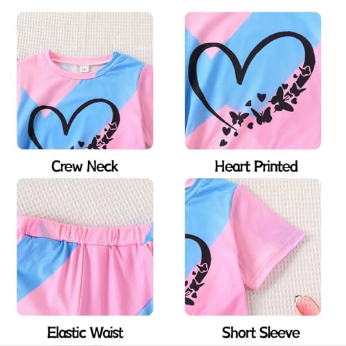 Image of 7-14Y Tween Girl Clothes 2 Piece Short Sleeve Tie Dye Heart Print Top and Shorts Teen Girl Summer Outfits Short Set