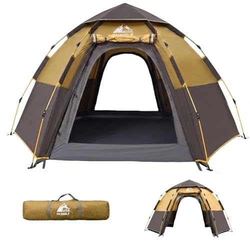 Hewolf Camping Zelt - Zelt 2/3/4 Personen Wasserdicht mit Vorzelt Familienzelt Einfache Einrichtung Campingzelt Biwakzelt Tent, 2-4 Mann Sechseckigeszelt Pop Up Wurfzelt (Gelb)