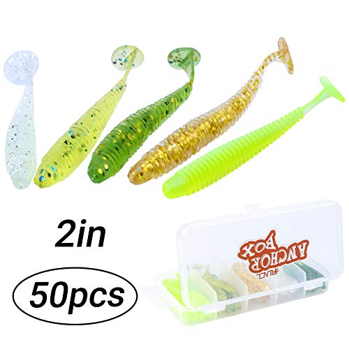 RUNCL Anchor Box - Paddle Tail Worms, Soft Fishing Lures Ribbed Design Boot Tail 2in (Pack of 50)