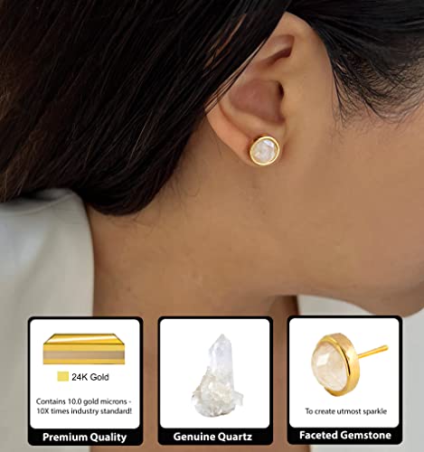 24K Gold Plated Gemstone Stud Earrings For Women | 10mm Round Stone Ear Studs3