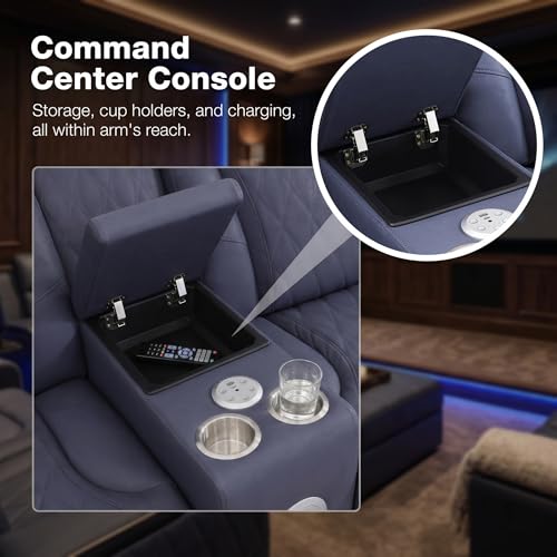 Image of Power Reclining Sectional Sofa Set with LED Light, Blue Grey Sanded Leather Sectional Couches, Living Room Furniture Sets, Power Recliner Sofa Sets with 3 Recliner Seater for Living Room