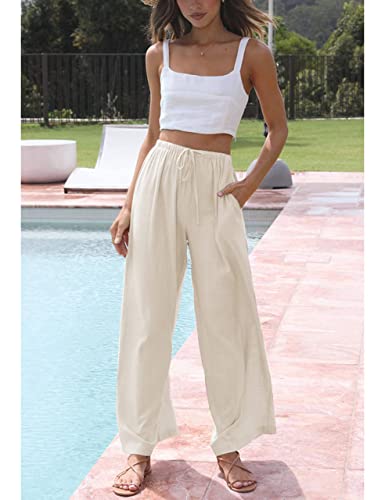 Hooever Women's Wide Leg Cotton Linen Pants High Waist Adjustable Tie Knot Lounge Trousers(Apricot-M) #TOP3