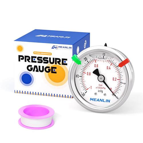 Image of MEANLIN MEASURE -30inHG~0Psi Vacuum Pressure Gauge 1 /8 inch NPT 2.5 inch FACE DIAL, Stainless Steel Liquid Filled Pressure Gauge WOG Water Oil Air Center Back Mount (with 2PCS Snaps)