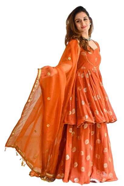 Image of ETISHA Women's Cotton Blend Gold Printed Kurta Sharara with Chiffon Dupatta Set