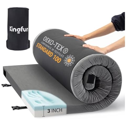 Kingfun 3 Inch CertiPUR-US Memory Foam Camping Mattress, Waterproof Roll up Sleeping Pad for Adults, Comfortable Thick Floor Sleeping Mats for Car Truck Tent with Removable Travel Bag, Cot Cover