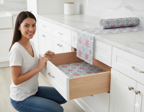 Image of Dribble EVA Shelf Liner Mat 45x500cm Roll, Non Slip Drawer & Cabinet Liner for Kitchen, Waterproof Oilproof Washable Fridge Mat, Anti Skid Cupboard Wardrobe Multipurpose Mat (Red /Green Mandala Art)
