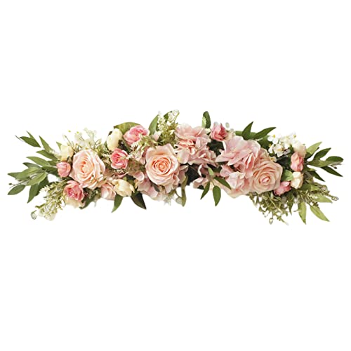25.6 Inch Artificial Rose Flower Swag with Green Leaves, Wedding Arch Flowers Spring Floral Swag for Front Door, Handmade Fake Plant Wall Hanging Swag for Home Party Decor(Pink)