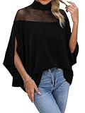 Verdusa Women's Contrast Mesh Half Cape Sleeve Blouse Loose Fit Dressy Tops Business Casual Outfits Black Medium