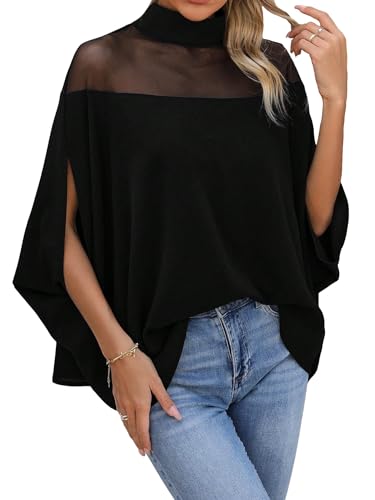 Verdusa Women's Contrast Mesh Half Cape Sleeve Blouse Loose Fit Dressy Tops Business Casual Outfits